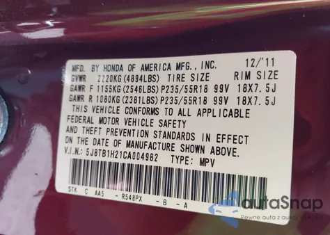 2012 Acura Rdx из США, поврежденный, VIN 5J8TB1H21CA004982